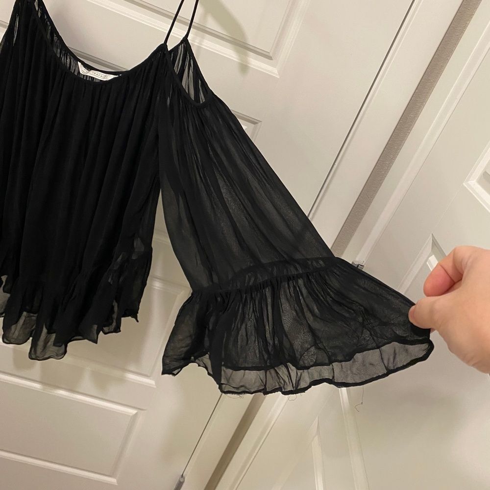 Zara Trafaluc Cold Shoulder Top Black Ruffle Chiffon Spaghetti Strap Blouse L - Picture 9 of 12